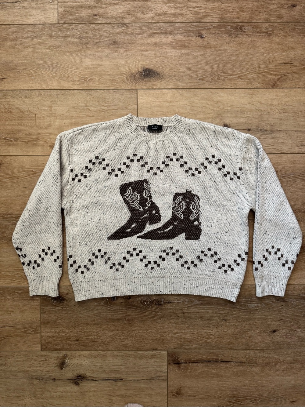 VICI Cream Crewneck Sweater with Brown Boot Graphic Western Country